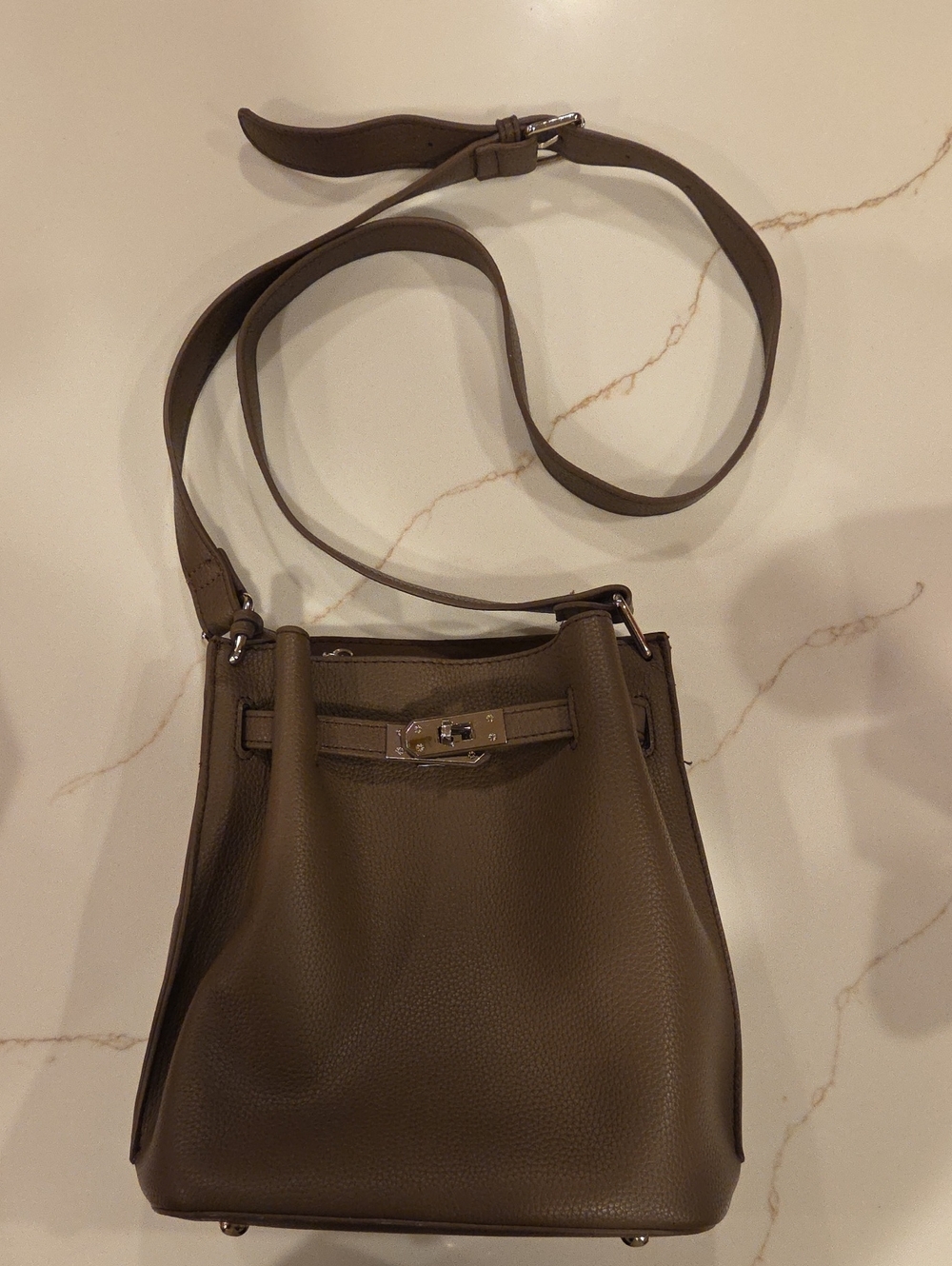 Leather Bucket Crossbody Bag in Taupe Silver Hardware